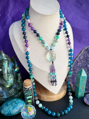 Mystic Tides - 8mm - Apatite, Kunzite, Phosphosiderite, Amethyst, Aura Quartz, Dumortierite, Amazonite, Aqumarine, Agate - 108 Mala Necklace - Rainbow Fluorite Focal
