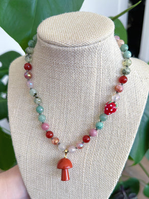 Strawberry Fields - 16” Choker - 8mm Mystic Green Aventurine + Red Carnelian, Pink Opal+ Prehnite + Mystic Pink/Golden Healer + Lampwork Glass Strawberry - Red Jasper Mushroom Pendant