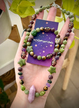 Load image into Gallery viewer, Lavender Thistle SET - 16” Choker + Bracelet - Green Apatite, Amethyst, Mystic Tigers Eye, Peridot, Lepidolite - Aventurine Star, Agate Skull, Lepidolite Focal