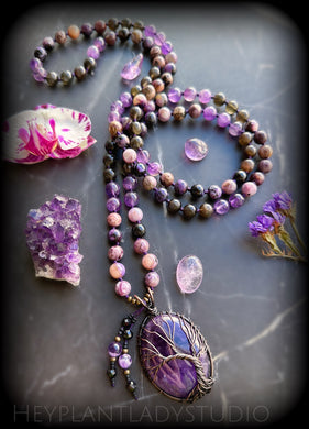 Divine Love, Healing, & Guidance 
- Charoite, Natural Chrysoberyl, Amethyst - Amethyst Tree of Life - 108 Mala Bead Necklace