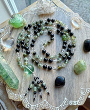 Load image into Gallery viewer, Healing &amp; Grounding - 8mm Prehnite, Black Tourmaline, Clear Quartz - 108 Mala Necklace - Rainbow inclusion Fluorite Focal +  Diamond cut Tourmaline tassel