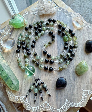 Healing & Grounding - 8mm Prehnite, Black Tourmaline, Clear Quartz - 108 Mala Necklace - Rainbow inclusion Fluorite Focal +  Diamond cut Tourmaline tassel