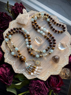 The Gilded Star - 8mm Tigers Eye, Aquamarine, Moonstone, Terahertz - 108 Mala Necklace - Tigers Eye Focal