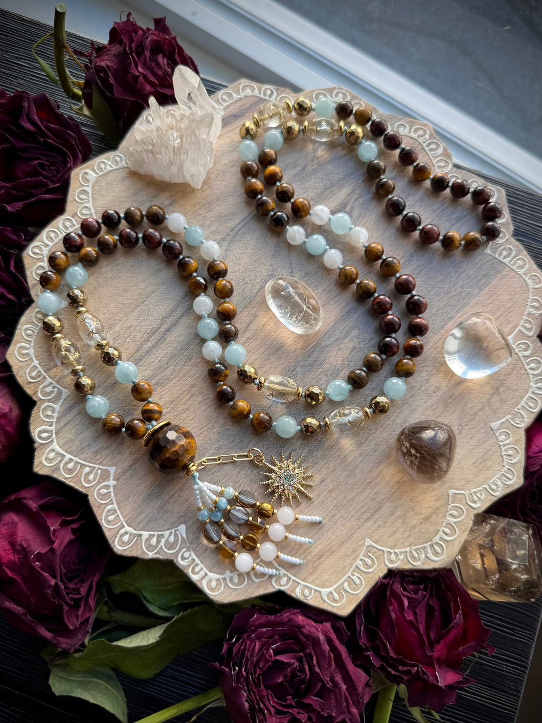 The Gilded Star - 8mm Tigers Eye, Aquamarine, Moonstone, Terahertz - 108 Mala Necklace - Tigers Eye Focal