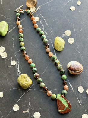 Luna Moth - 16” Choker  - 8mm Chocolate Moonstone, African Turquoise, Smoky Quartz - Chrysoprase Pendant