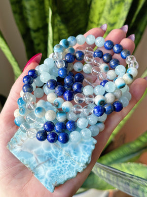 Calm + Protected - Aquamarine, Lapis Lazuli, Nakaurite, & Clear Quartz - 8mm Gemstone Bracelet