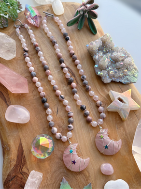 Flower Moon  - 17” Choker - 8mm Mystic Rose Quartz + Pink Zebra Jasper - Rose Quartz Moon Pendant