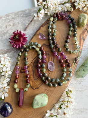 Clarity & Transformation - Prehnite, Dragonsblood Jasper, Purple Fluorite, Poppy Jasper - 108 Mala 40” Necklace - Mookaite Jasper Point
