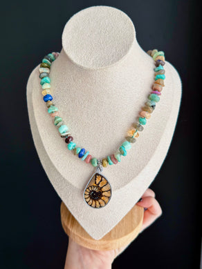 Ancient Spiral - 16” Choker - 8mm - Multi Gemstone Rondelle - Ammonite Focal