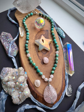 Heart of Gaia - 20” Necklace 8mm African Turquoise + Rose Quartz + Rose Quartz Focal