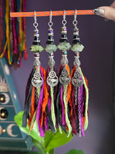 Load image into Gallery viewer, Toil &amp; Trouble Tassel - Witchy Bag Charm - Prehnite, Sari Silk, Witch Hat 🔮🧹
