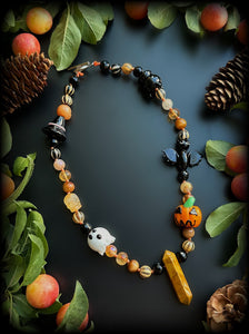 (SALE) - Halloweentown - 16” Choker - Onyx, Striped Agate, Citrine, Orange Tigers Eye, Mystic Golden Healer - Carved Skulls - Lampwork Halloween Beads