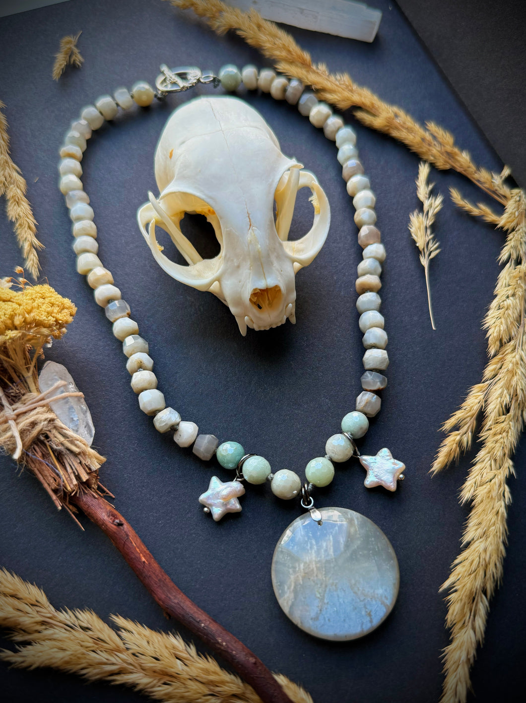 ✨Enchanted Sky - 16” Choker  - 8mm - Moonstone Rondelle + Mystic Amazonite - Moonstone Focal + Freshwater Pearl Stars