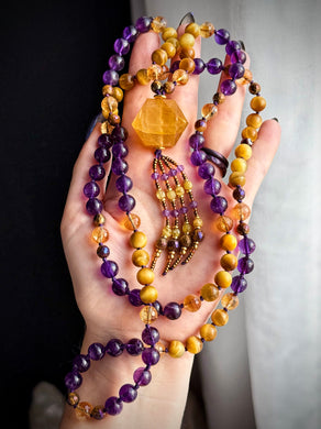 Crown of Radiance - Mystic Tigers Eye, Amethyst, Citrine, Golden Tigers Eye - 108 Mala Necklace - Golden Healer Focal - Gemstone Beaded Tassel