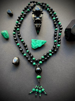 Witch’s Ward - 8mm Onyx, Malachite, 10mm Onyx - 108 Mala Necklace - Onyx + Tigers Eye Focal - Gemstone Beaded Tassel