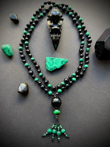 Witch’s Ward - 8mm Onyx, Malachite, 10mm Onyx - 108 Mala Necklace - Onyx + Tigers Eye Focal - Gemstone Beaded Tassel