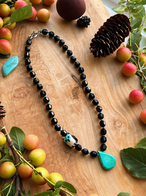 Night Owl - 16” Choker - Prism Cut onyx + Hubei Turquoise Drop + Lampwork Owl