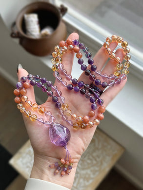Glow From Inside - 108 Gemstone Meditation Beads - Gem Amethyst Focal