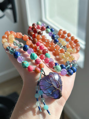 Rainbow of Hope - Sunstone, Hessonite Garnet, Lapis Lazuli, Peruvian Turquoise, Brazilian Rhodonite, AAA Fluorite, Lavender Amethyst, Golden Rutile Quartz - Rainbow Fluorite Focal - 108 Mala Bead Necklace