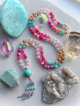 Load image into Gallery viewer, Flamingo Soirée - 8mm -Pink fire Agate, Amazonite, Aura Citrine, Champagne Aura Quartz, Aura Rose Quartz, - 108 Mala Necklace - Amazonite Focal