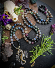 Load image into Gallery viewer, Air Dragon Guardian - 108 Meditation Necklace - 8mm Obsidian, Moonstone, Teal Apatite, Fluorite, Grey Chalcedony, Phantom Quartz, Iolite, Larvikite, Dumortierite - Dragon Focal