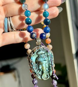 RESERVED Energy Shift - 108 Rainbow Gemstone Mala Necklace - Tibetan Style Labradorite Ganesha Carving