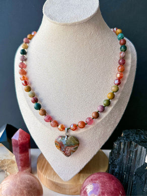 🍂Hearth + Hex 🎃 - 19” Necklace  - 8mm - Mystic Carnelian, Rainbow Sunstone, Ocean Jasper - Ocean Jasper Druzy Heart Focal