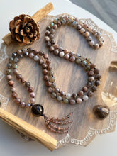 Load image into Gallery viewer, Clear Mind // Positive Thoughts -  108 Mala Bead Necklace - Brown Sunstone, Labradorite,  Mystic Lavender Quartz, Smoky Quartz Focal - Beaded Tassel