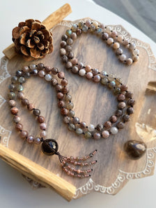 Clear Mind // Positive Thoughts -  108 Mala Bead Necklace - Brown Sunstone, Labradorite,  Mystic Lavender Quartz, Smoky Quartz Focal - Beaded Tassel
