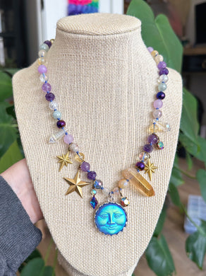 Stargazing - 18” Choker - 8mm Mystic Aquamarine + Aura Quartz + Amethyst + Citrine + Mystic Golden Healer - Moon Man Pendant + Brass Constellations