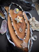 Load image into Gallery viewer, Starry Night - 21” Necklace 8mm Peacock Pearls, Tanzanite, Moonstone, Quartz, Mystic Silverite, Storm Agate, Terahertz + Quartz Star Focal