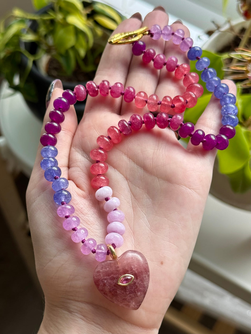 🧞‍♀️Heart of Passion - 18” Necklace - 8mm - Jade Rondelle + Strawberry Quartz Heart Focal