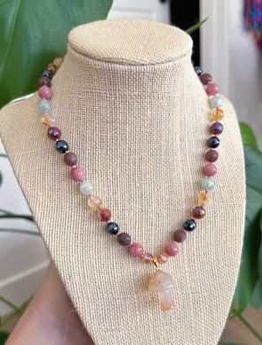 Cottage Witch - 16” Choker - 8mm Mystic Aquamarine + Pink Opal + Citrine + Mystic Pink Healer + Mystic Onyx + Purple Aventurine - Flower Agate Mushroom Pendant