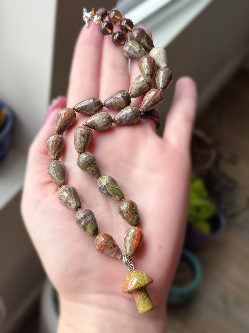 Mushroom Hollow - 17” Choker Mushroom Jasper Facet Drops + Unakite Mushroom Pendant