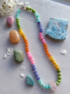 Buttercup - 20” Necklace - 8mm Candy Jade, Quartz, Jasper Rondelle + Rose Quartz Pendant