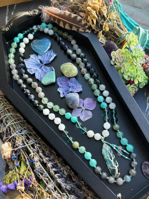 Intuition + Clarity - 40” 108 Mala - 8mm: Fluorite + Moonstone + Amazonite + Prehnite + Sodalite + Eagle Eye + Aventurine + Green Kyanite + Labradorite - Wire Wrapped Fluorite Pendant
