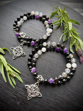 Load image into Gallery viewer, Witch’s Knot Protection Necklace 18” Onyx, Amethyst, Indigo Gabbro, Moonstone, Hematite, Labradorite, Clear Quartz, Smoky Quartz
