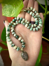 Load image into Gallery viewer, Verdant Decay - 17” Necklace - 8mm Tree Agate Rondelle + Quartz Skull Focal