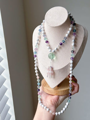Calm & Clarity - Howlite, Rainbow Fluorite, Mystic Rose Quartz - 108 Mala Necklace - Fluorite Focal