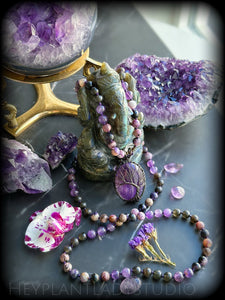 Divine Love, Healing, & Guidance 
- Charoite, Natural Chrysoberyl, Amethyst - Amethyst Tree of Life - 108 Mala Bead Necklace