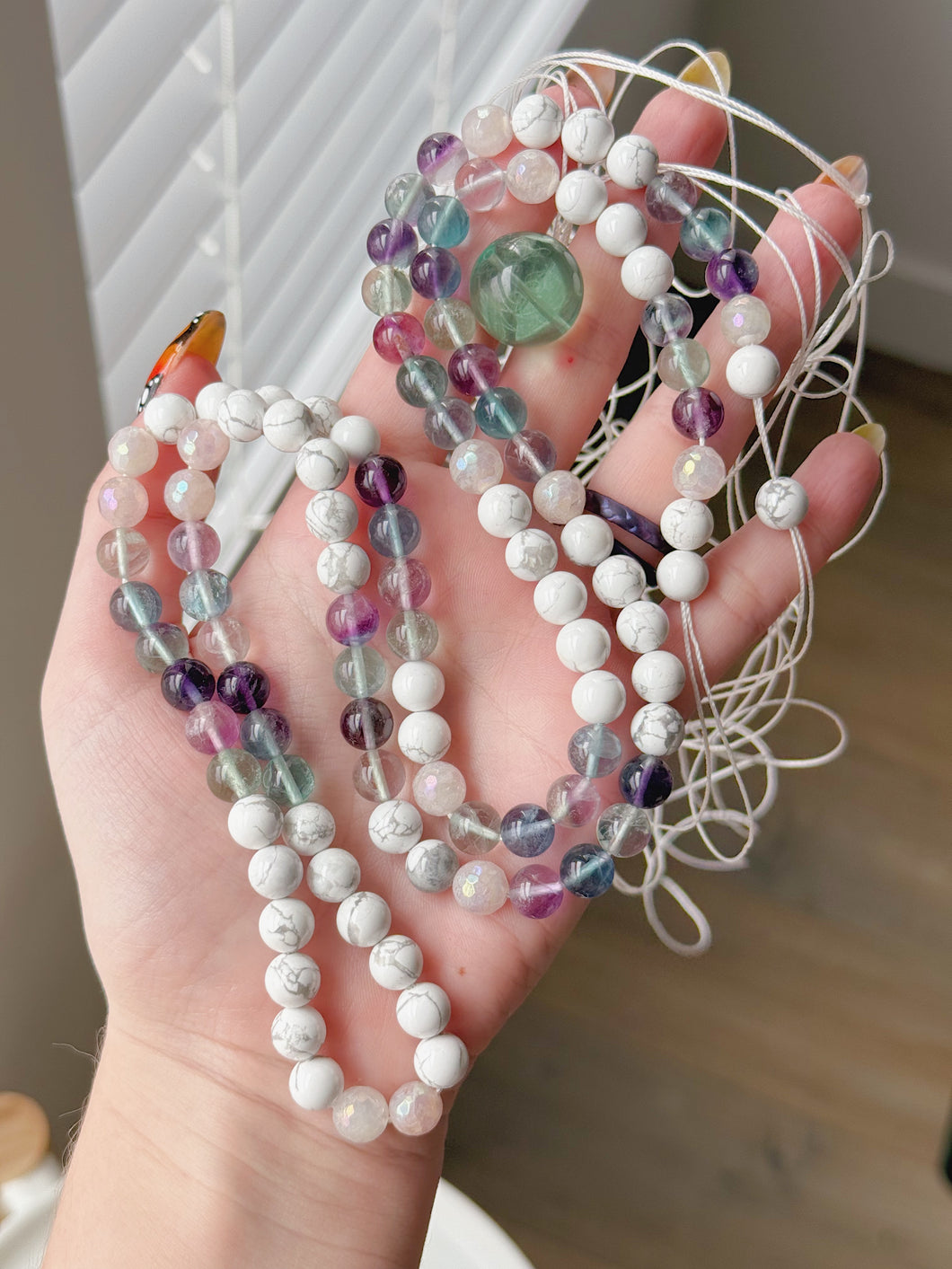 Calm & Clarity - Howlite, Rainbow Fluorite, Mystic Rose Quartz - 108 Mala Necklace - Fluorite Focal