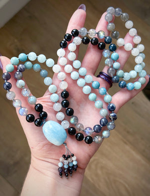 RESERVED - Ocean’s Depths - Aquamarine Guru + Aquamarine, Labradorite, Iolite, White Moonstone, Obsidian, Trolleite - 108 Mala Necklace