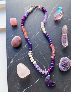 Iris Nocturne - 19” Necklace - Amethyst Moon & 8mm Candy Jade Rondelle