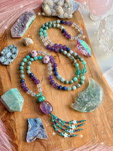 Load image into Gallery viewer, Sea Spell - 108 Mala Necklace - 8mm Amethyst, Amazonite, Aquamarine, Sodalite, Rose Quartz - Lampwork Glass &amp; Amethyst Focal - Mother of Pearl Star Tassel