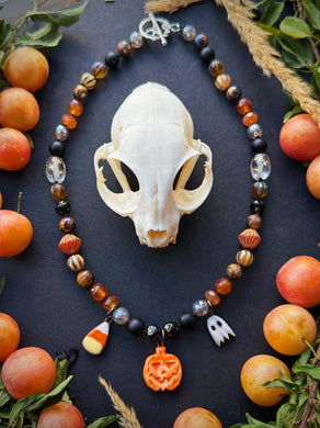 🎃 Trick-or-Treat - 16” Choker - 8mm Carnelian, Mystic Tigers Eye, Melon Agate, Mystic Smoky Quartz, Onyx - Artisan Ceramic Candy Corn, Pumpkin, Ghost Charms