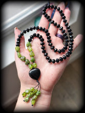 Load image into Gallery viewer, Heart of Light &amp; Strength - 72 Onyx Bead + Peridot Nugget - Obsidian Heart Pendant - Peridot Tassel