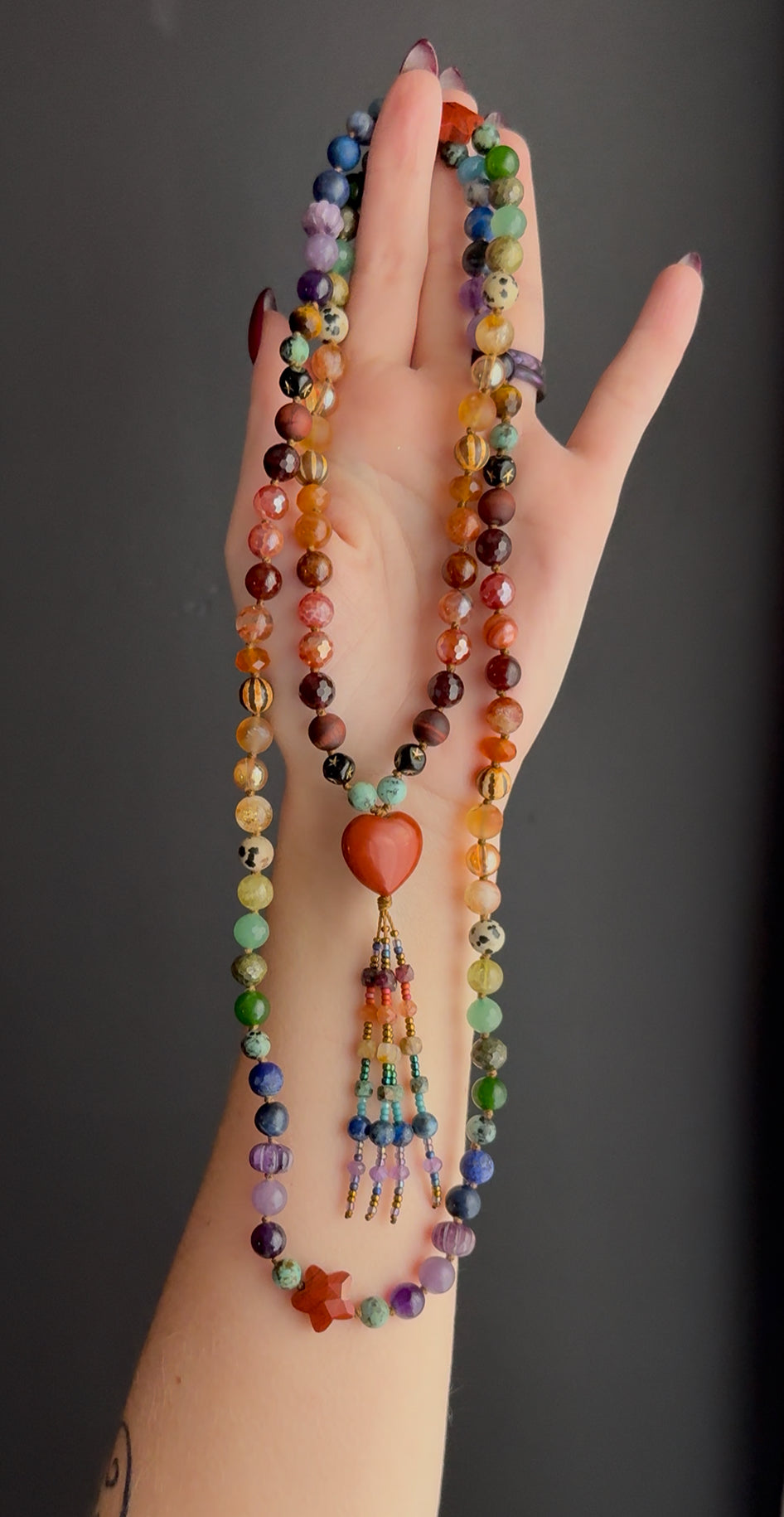 Autumn Rainbow 🍂🍁🌈 - 8mm - Rainbow Gemstone 108 Mala Necklace - Red Jasper Heart Focal - Rainbow Beaded Tassel