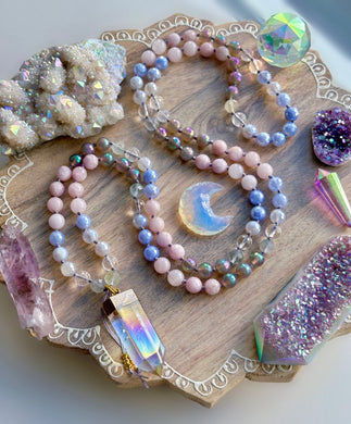 Spirit of the Fairy  - 24k Gold Overlay Aura Quartz Point - Kunzite, Fluorite, Mystic Agate, Rose Quartz, Clear Quartz - 108 Mala Bead Necklace