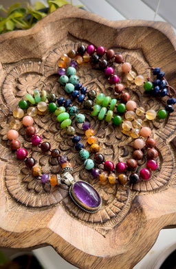 Auric Ascension - 8mm - Lapis Lazuli, Chrysoprase, Amethyst, Carnelian, Tigers Eye, Citrine, Moonstone, Jade, 108 Mala Necklace - Tibetan Amethyst Focal
