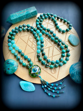 Mystic Eye Mala - 108 - 8mm Chrysocolla + AAA Amazonite + Lampwork Eye + Apatite Tassel